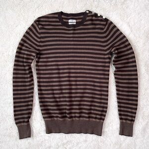 All Saints Men Brown Striped Cotton Crewneck Knit Sweater